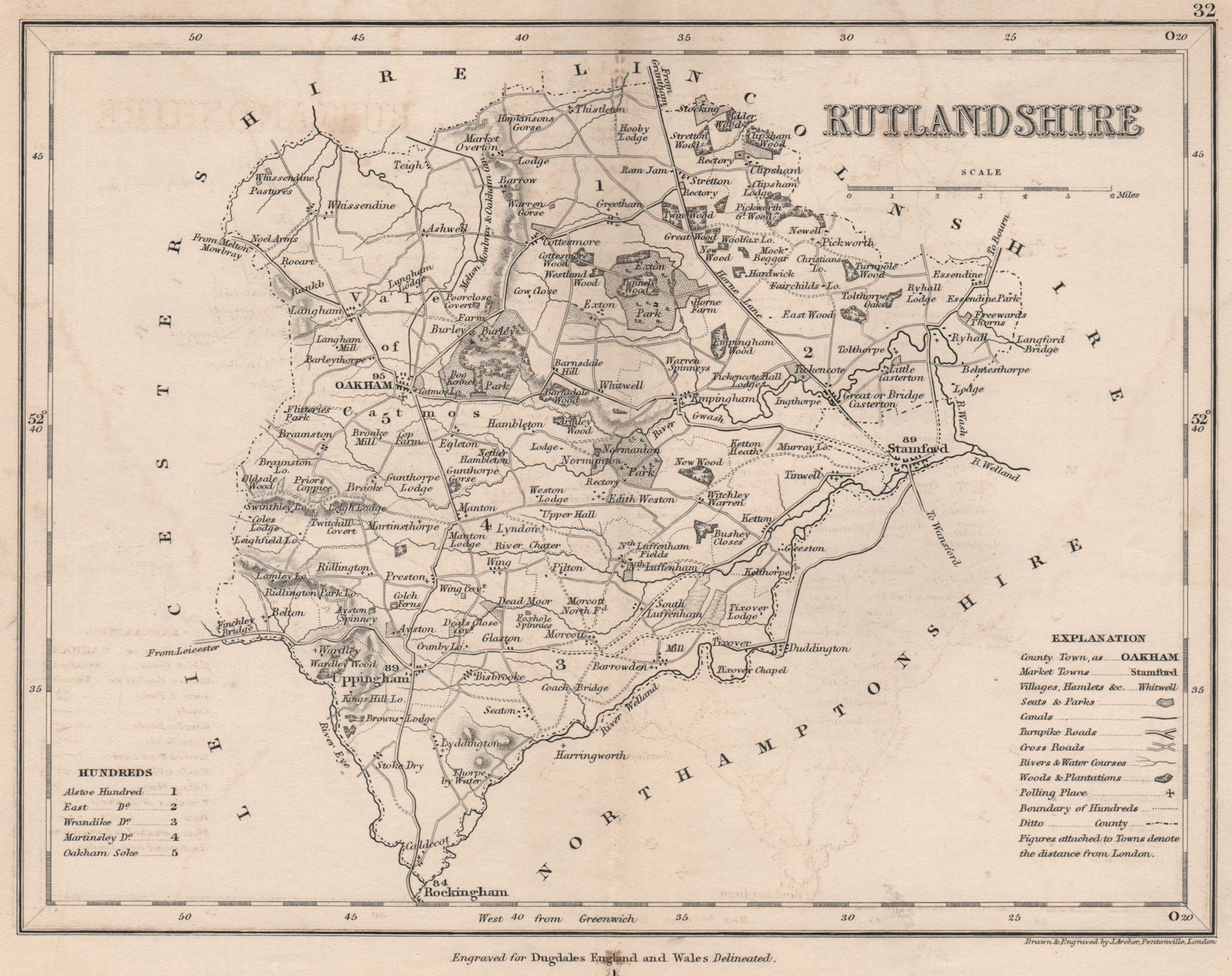 RUTLANDSHIRE county map by DUGDALE/ARCHER. Seats canals polling places 1845